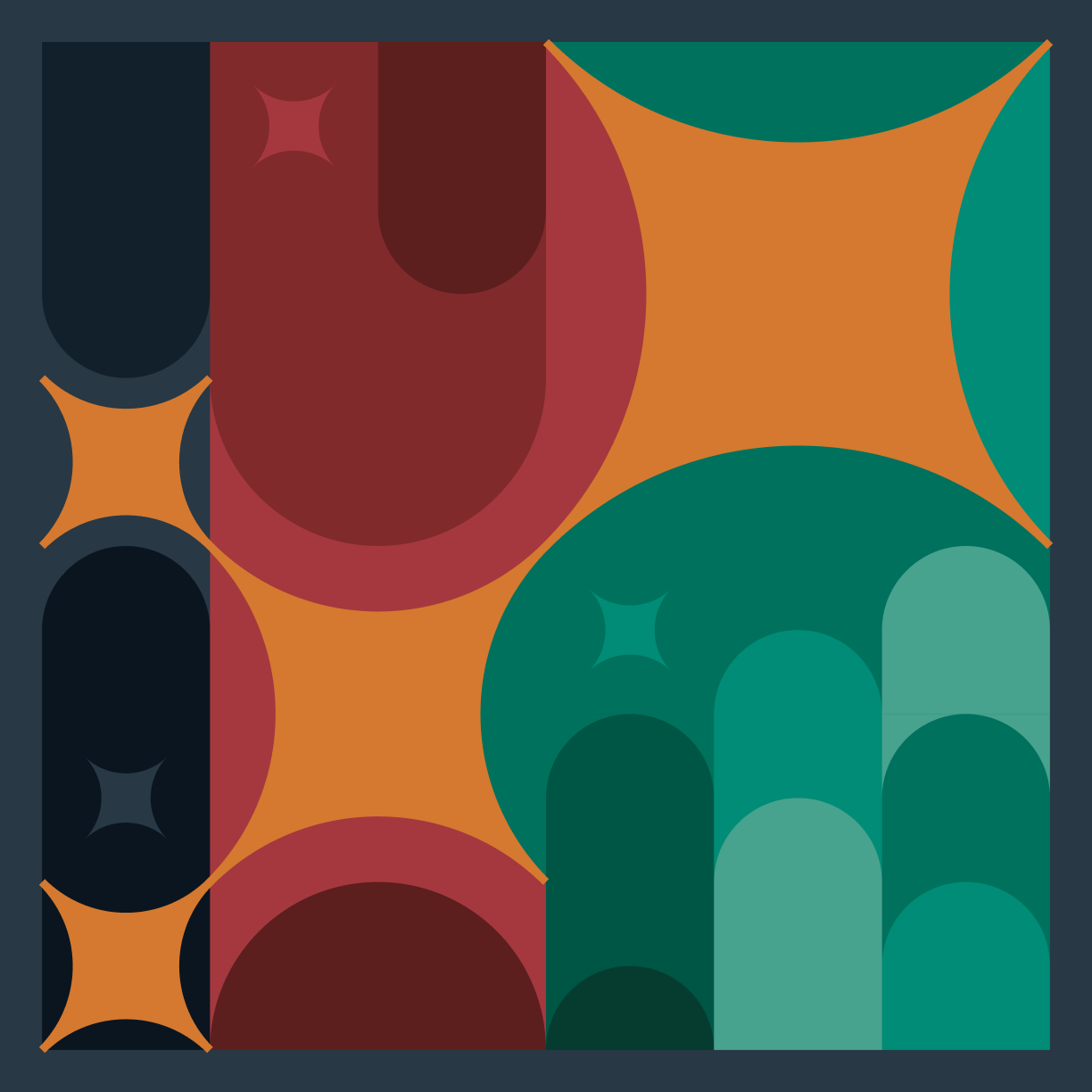 Example mural composition showing a 6 by 6 grid with three color zones flowing from dark slate through warm ember to cool patina, anchored by a large copper spark in the upper right